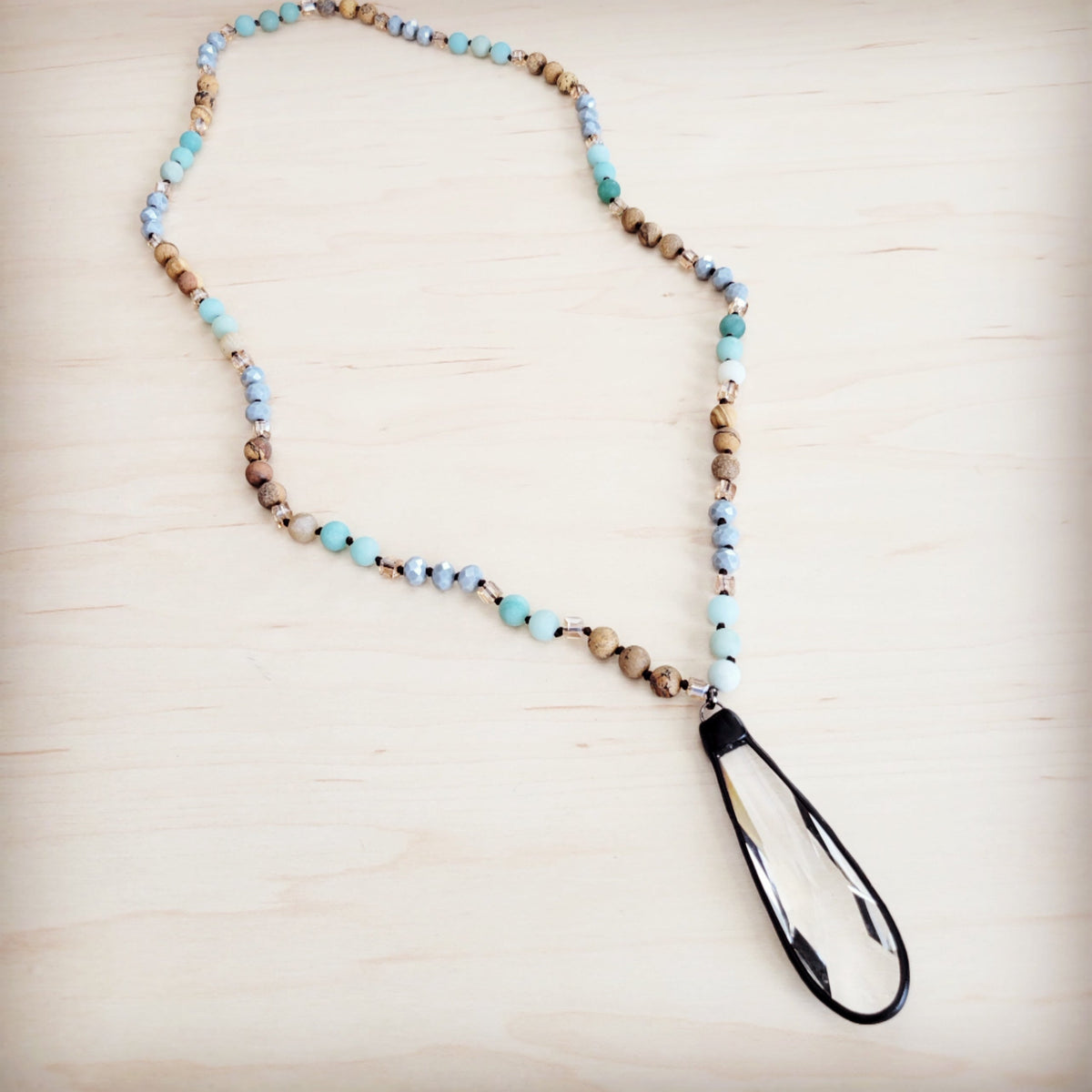Picture Jasper & Amazonite Long Beaded Necklace w/ Crystal Pendant 262r-0