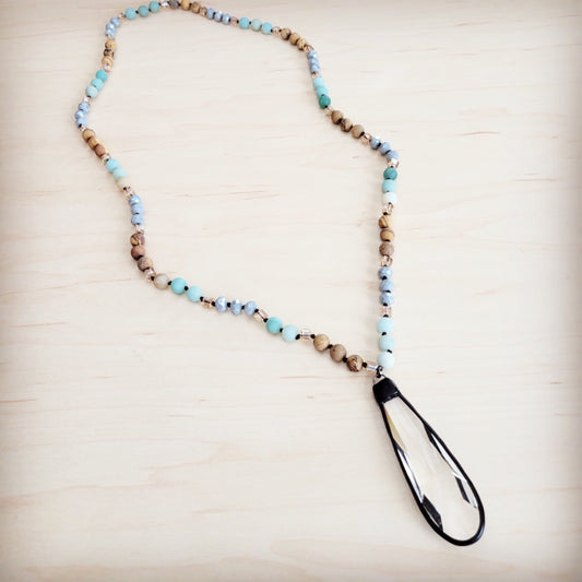 Picture Jasper & Amazonite Long Beaded Necklace w/ Crystal Pendant 262r-0