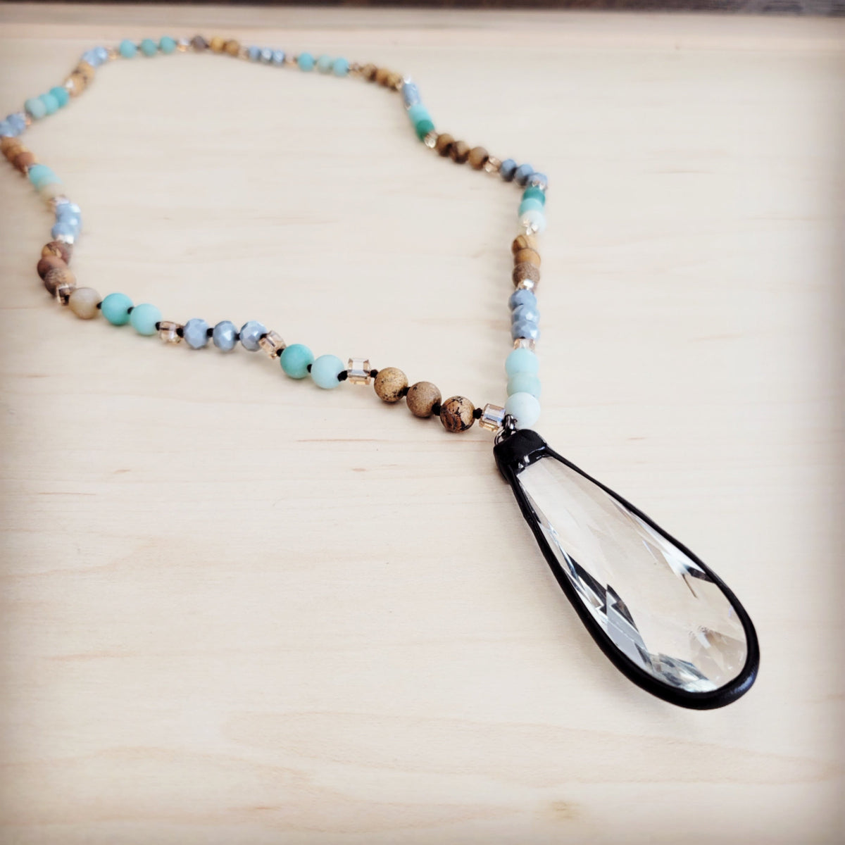 Picture Jasper & Amazonite Long Beaded Necklace w/ Crystal Pendant 262r-3