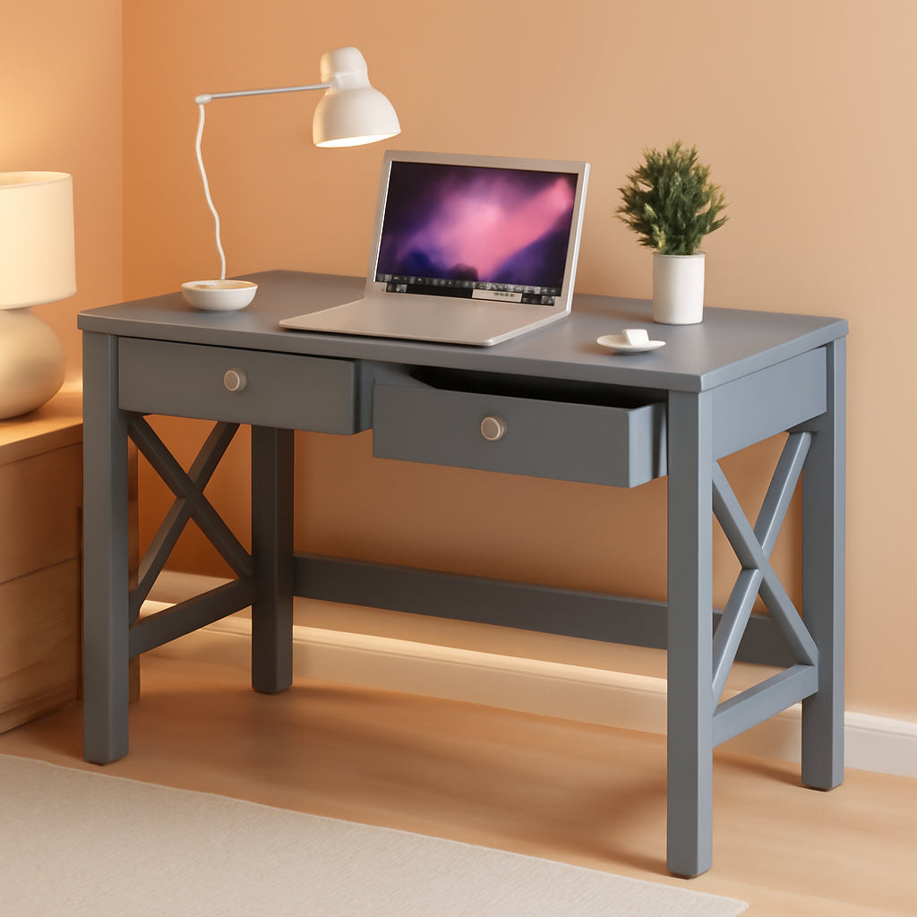 Home Office Desk Grey With Two Drawers Computer Table-0