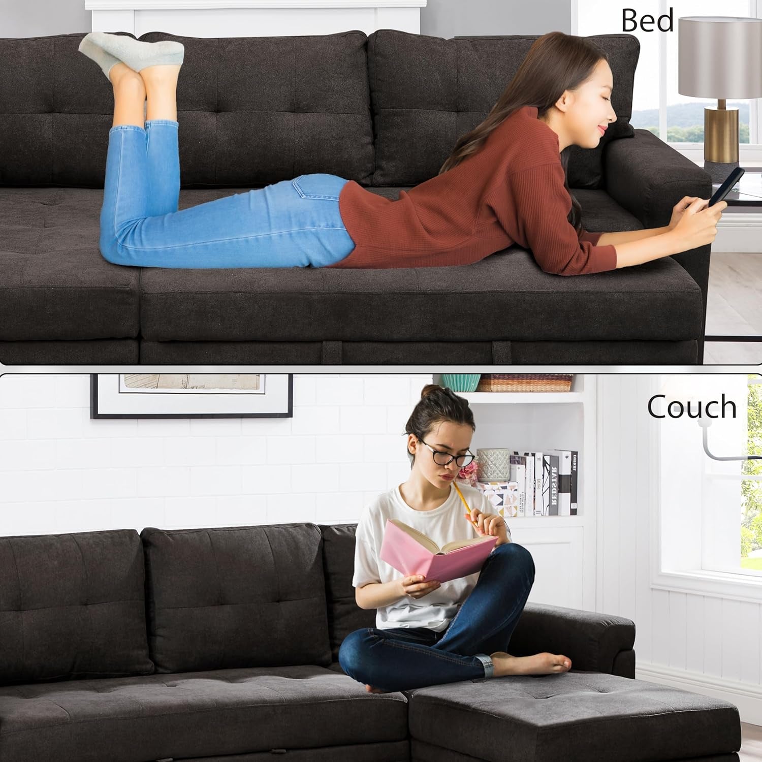Espresso Velvet Sleeper Sectional Sofa Bed Chaise Set-3