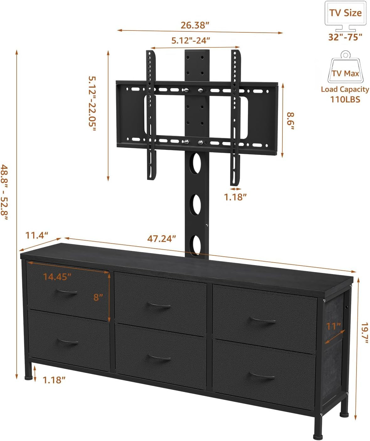 Black TV Entertainment Stand With Adjustable Mount-1