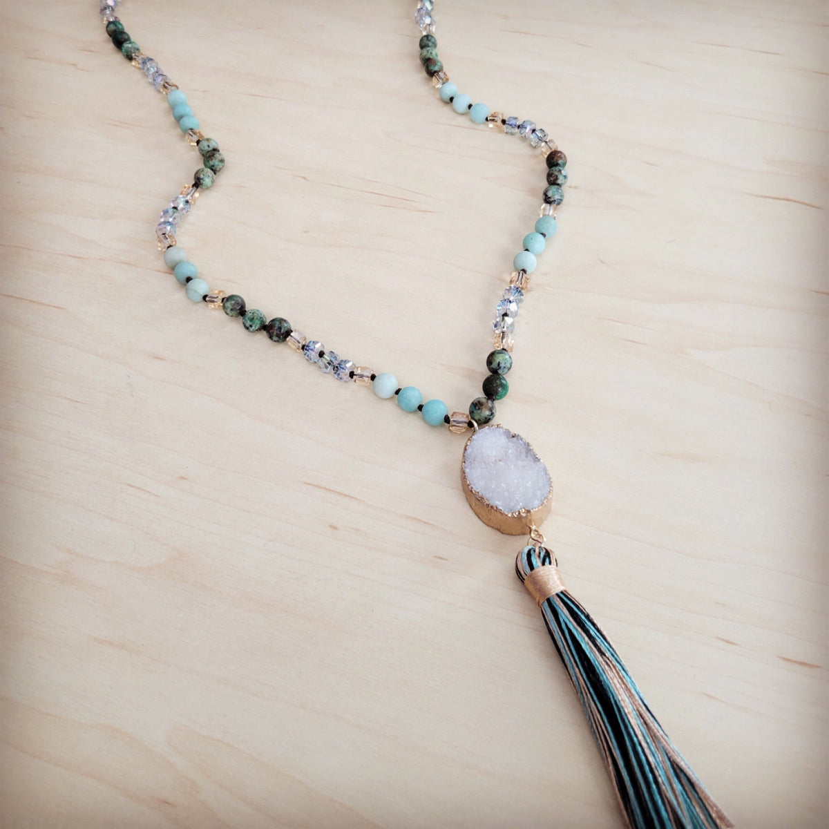 Long Amazonite Necklace with Genuine White Druzy Pendant-0
