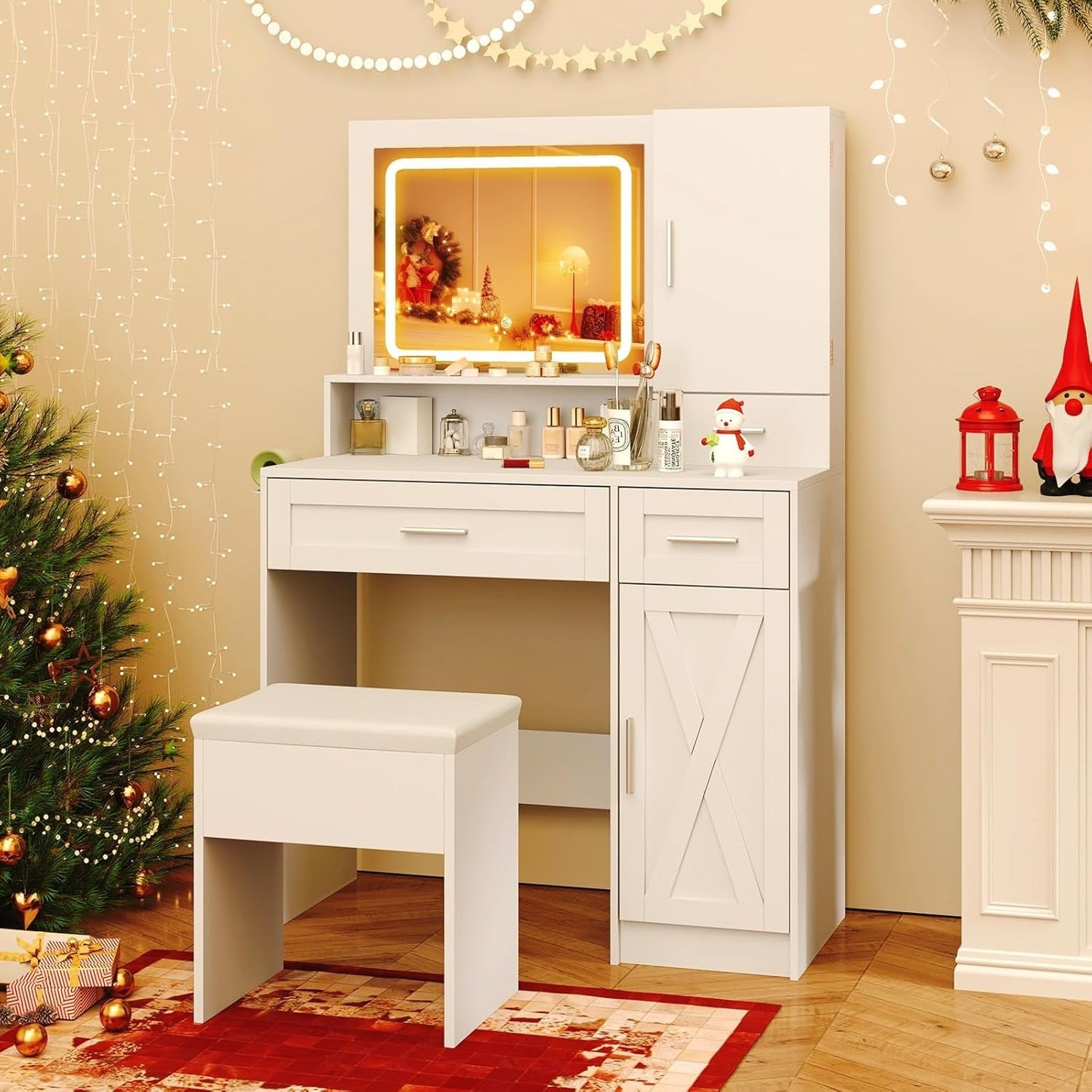 White Multifunctional Vanity Desk With Illuminated Mirror-1