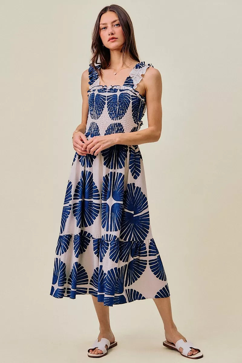 Abstract Print Smocked Bodice Tiered Lined Midi Dress-0