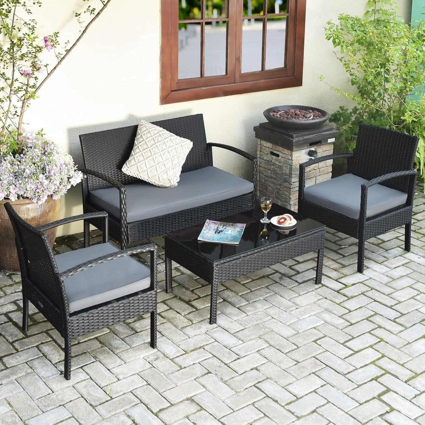 4 Piece Patio Rattan Furniture Set With Glass Coffee Table-3