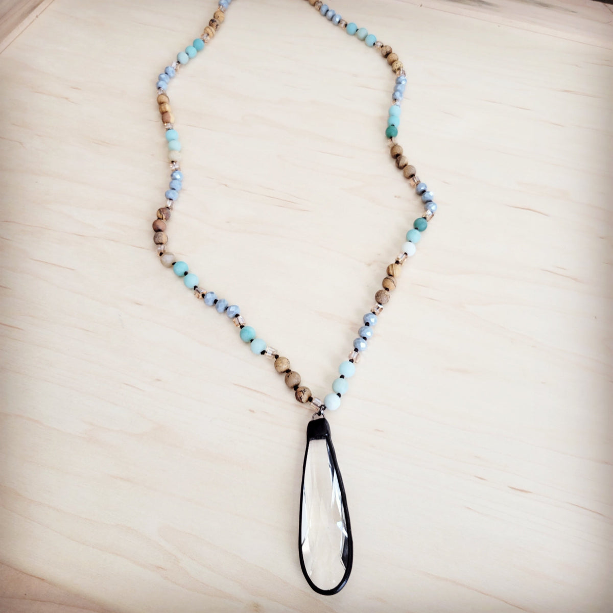 Picture Jasper & Amazonite Long Beaded Necklace w/ Crystal Pendant 262r-2