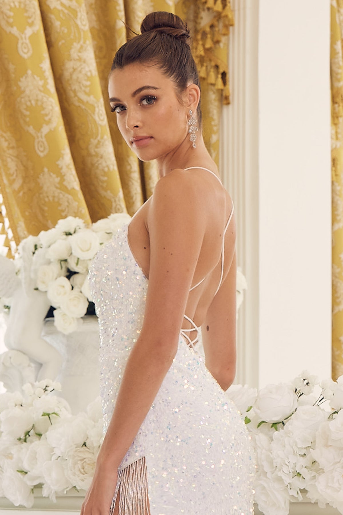 Dazzling Sequins Embellished Sheath Night Out Dress w/ Leg Tassels & Charming Open Back NXT1209