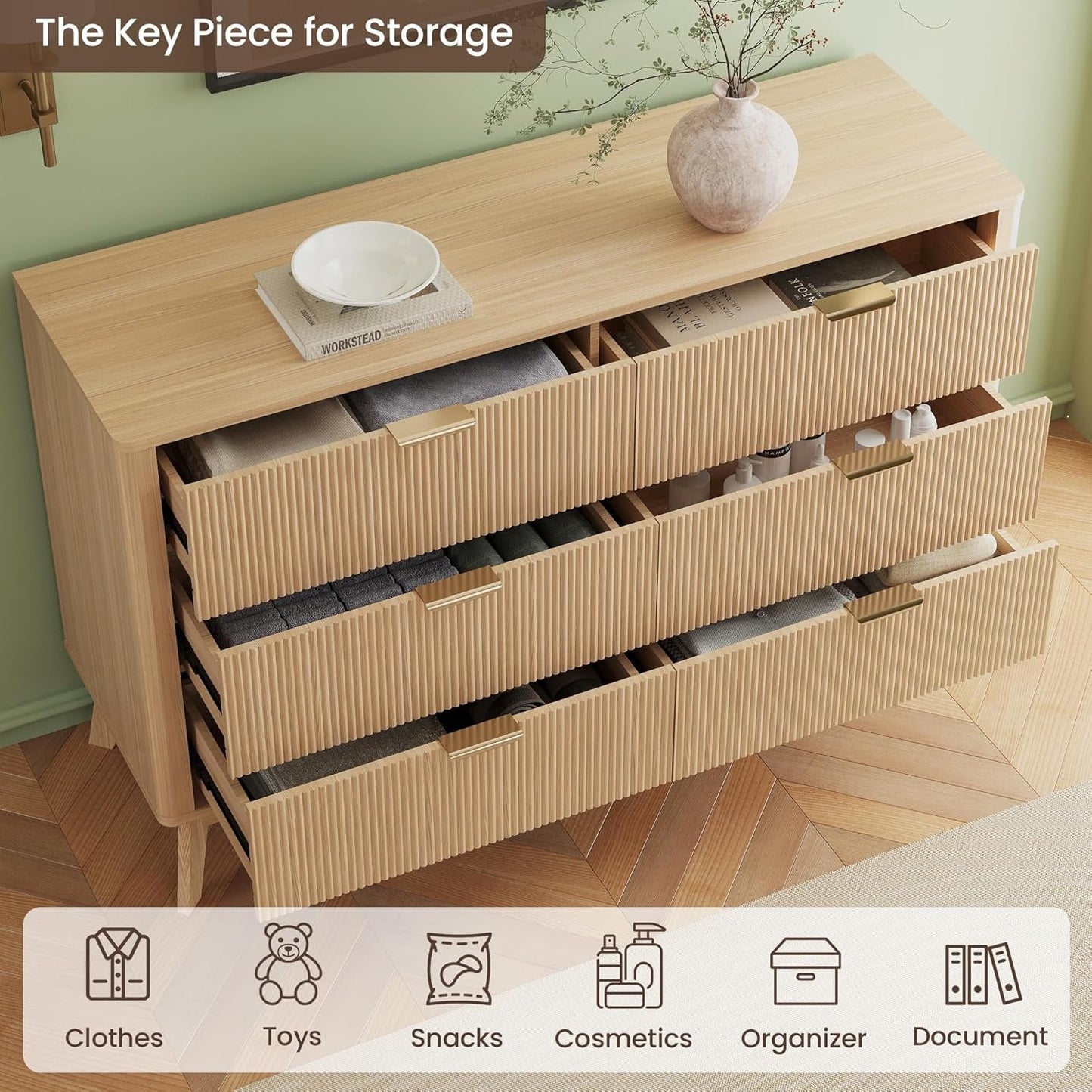 Fluted 49Inch Serpentine Dresser Oak Finish Contemporary-3