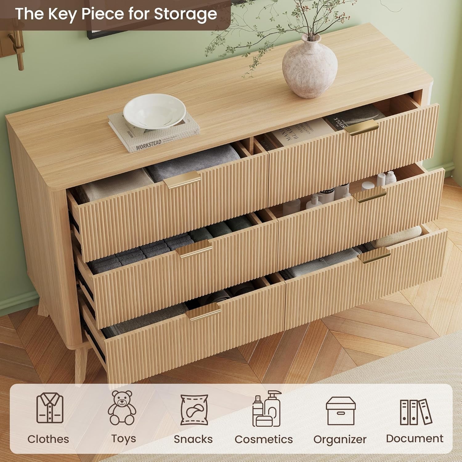 Fluted 49Inch Serpentine Dresser Oak Finish Contemporary-3