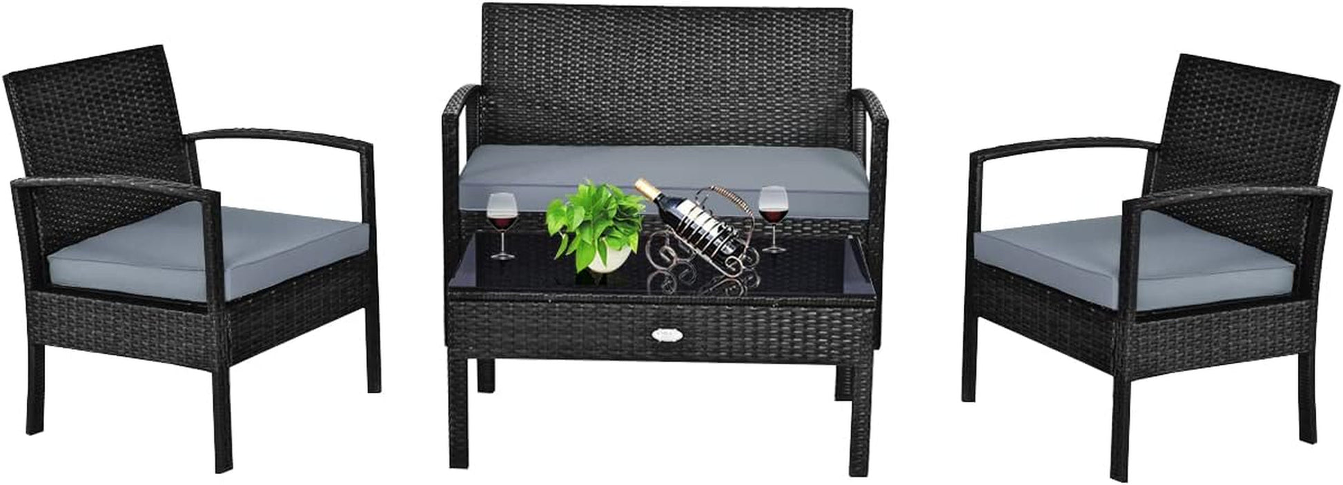 4 Piece Patio Rattan Furniture Set With Glass Coffee Table-0
