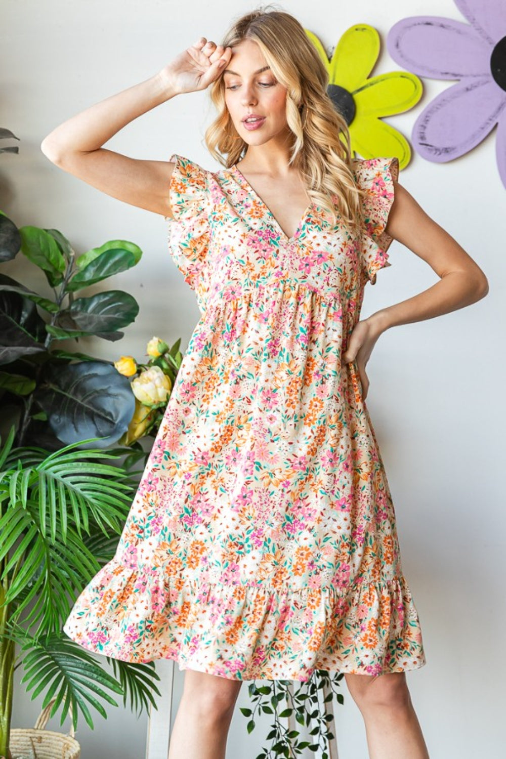 Sand Floral Ruffled V-Neck Dress | Extended Sizes