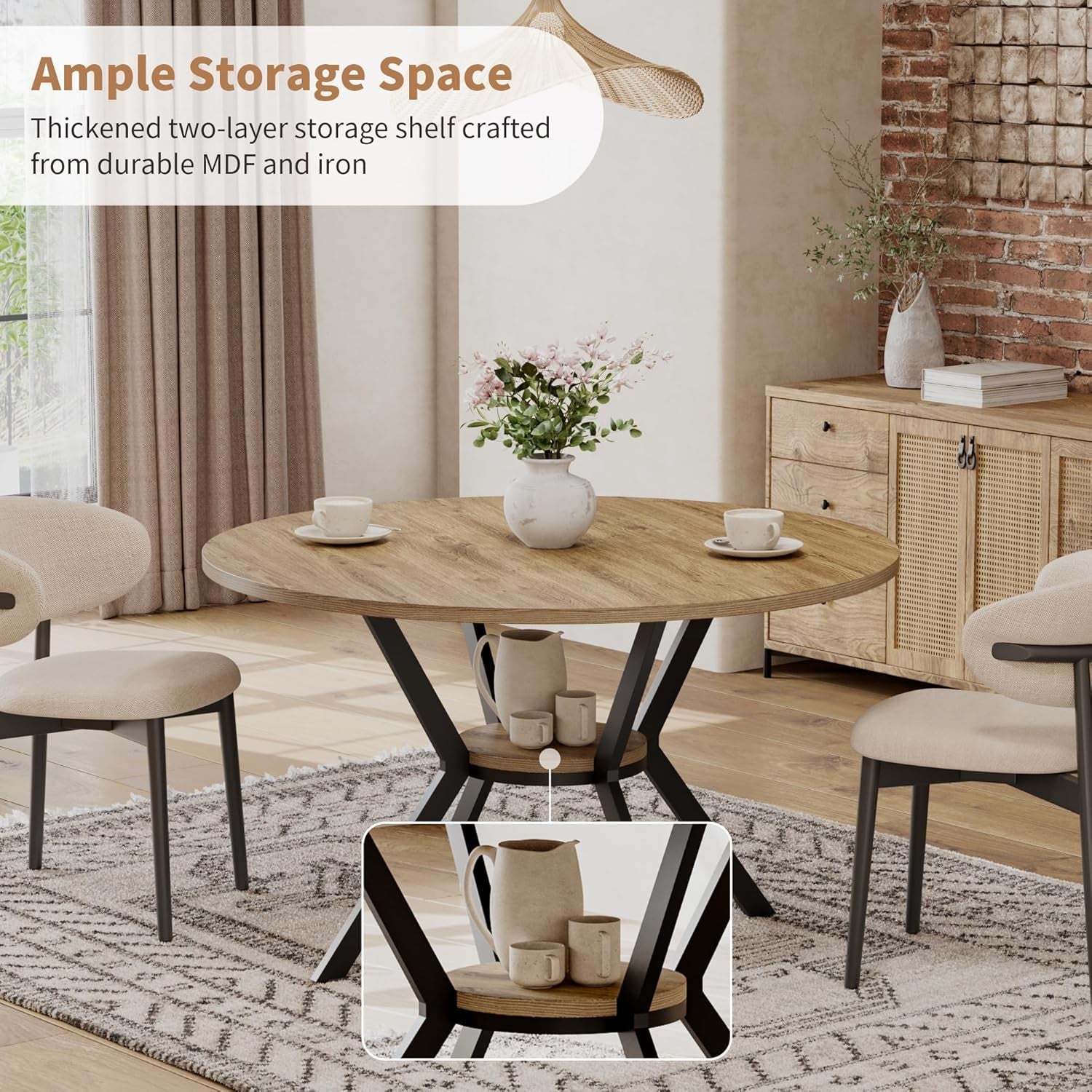 42 Inch Round Farmhouse Dining Table With Compact Storage-2
