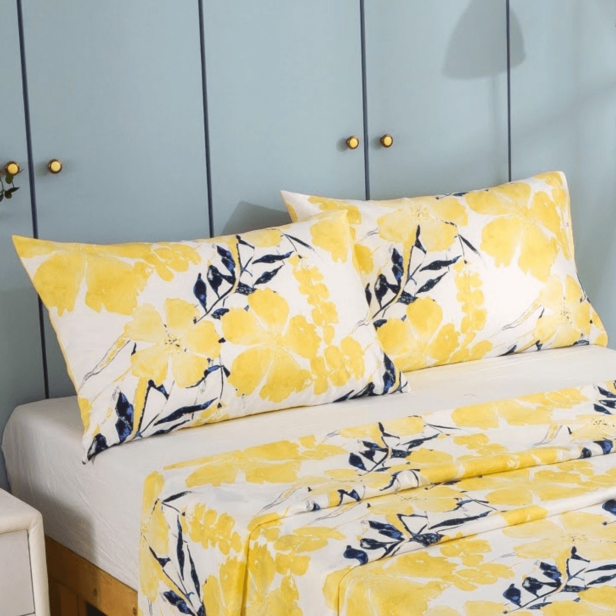 Tache Microfiber Watercolor Tropical Floral Yellow Blue Fitted Sheet / Flat Sheet (JHW-841)-3
