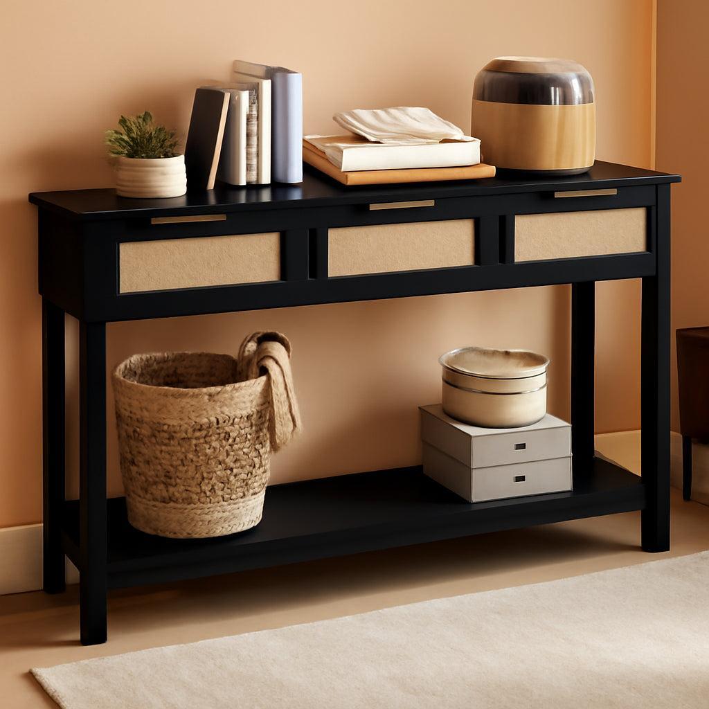 Black 47 Inch Entryway Console Table Storage Drawers-0