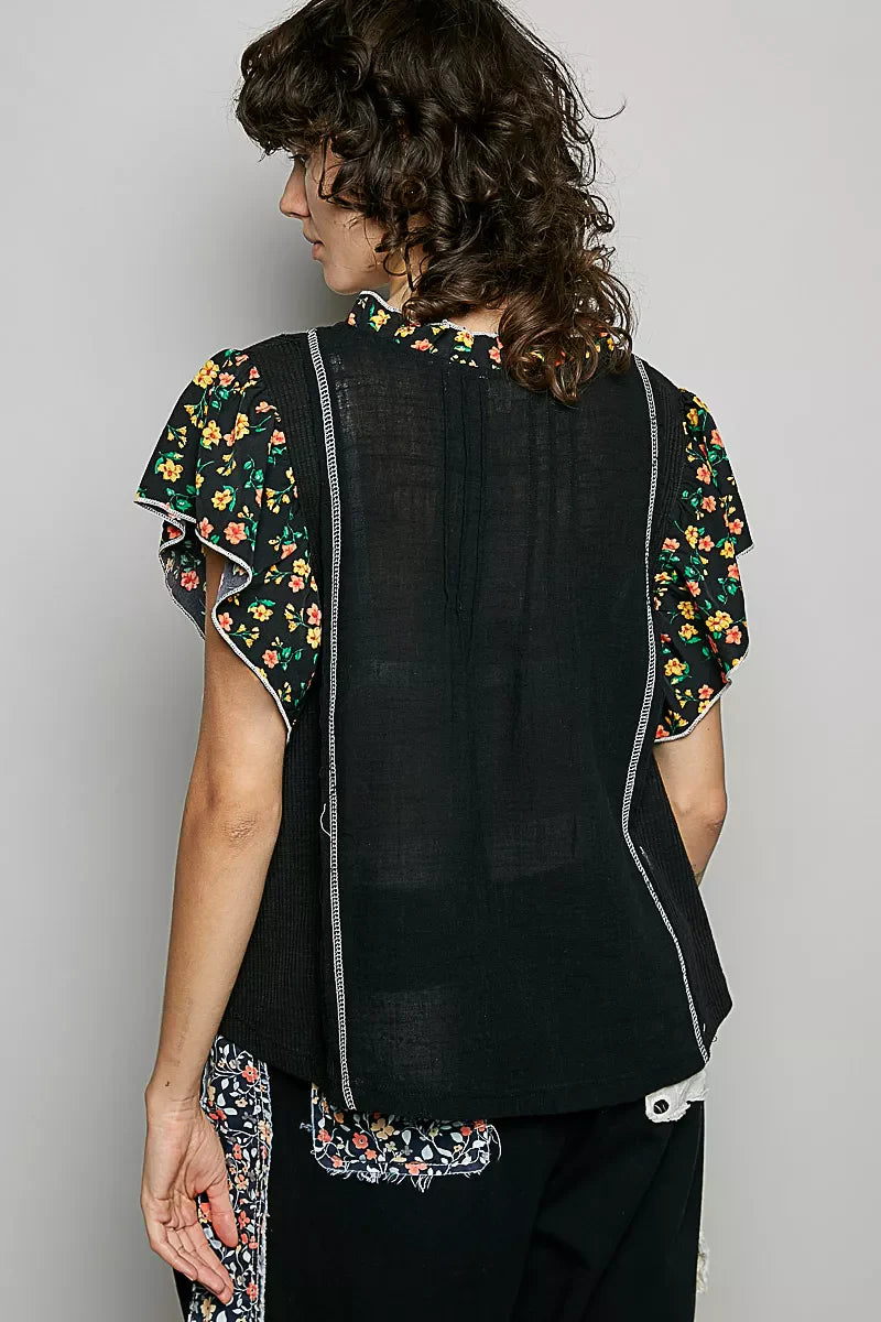 POL V-Neck Floral Ruffle Sleeve Blouse-3