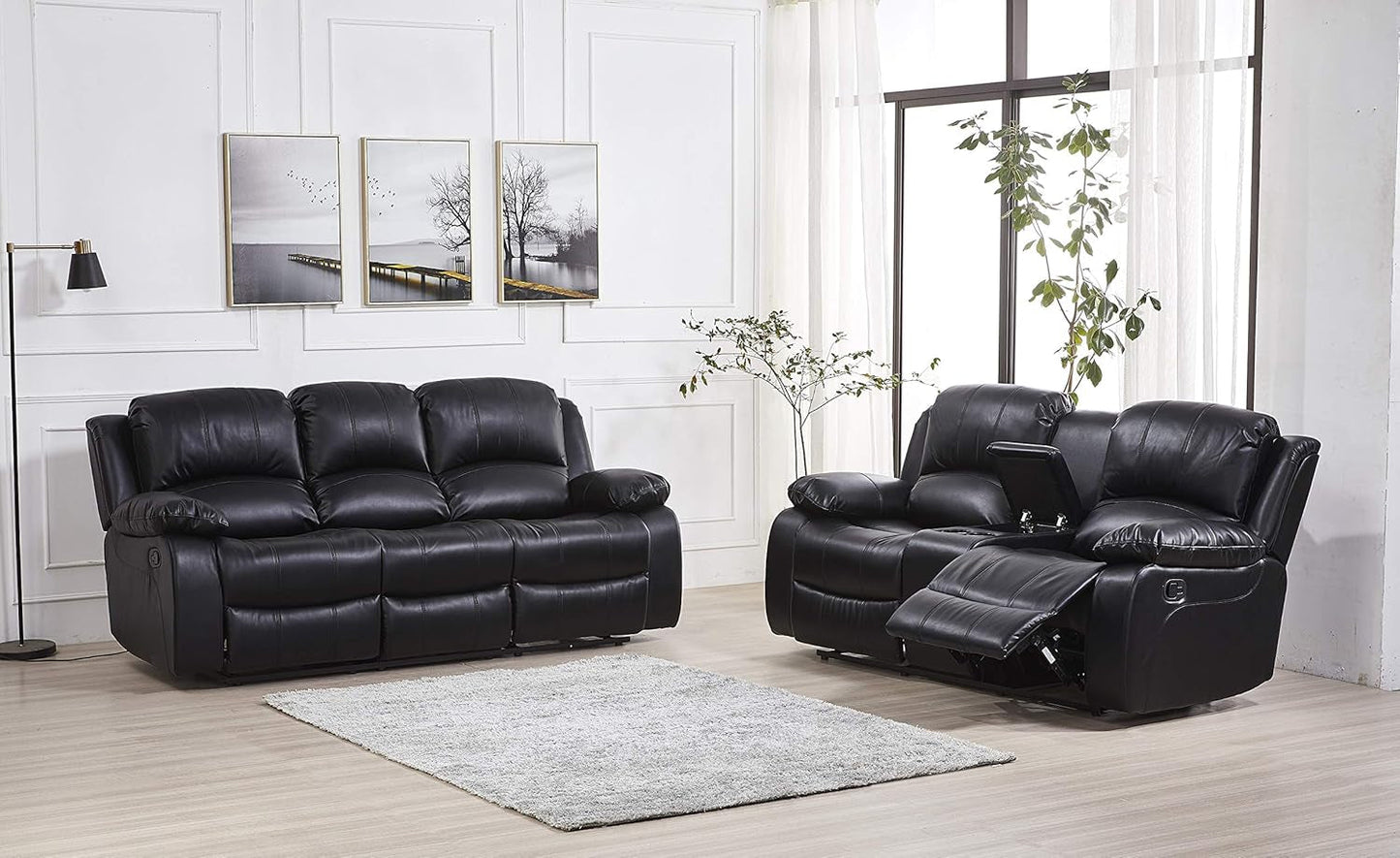 2Piece Bonded Leather Recliner Sofa And Loveseat Set Black 8018 With Pocket Coil Cushions-2