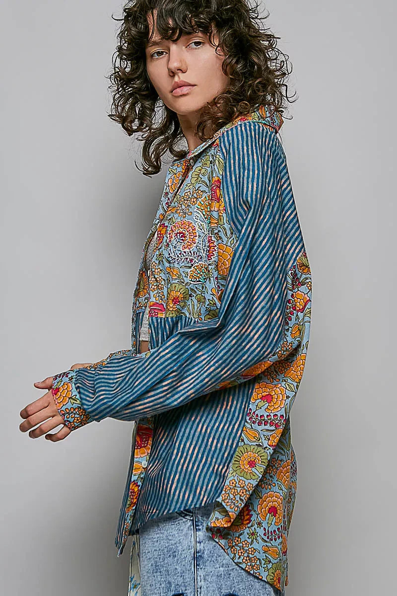 Patchwork Mixed Textured Paisley Floral Stripe Long Sleeve Shirt-1