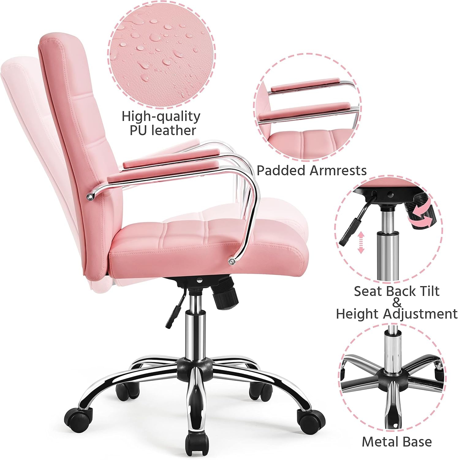 Pink Mid Back Office Chair With Arms 360 Degree Swivel-3
