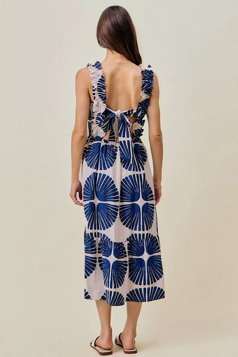 Abstract Print Smocked Bodice Tiered Lined Midi Dress-2