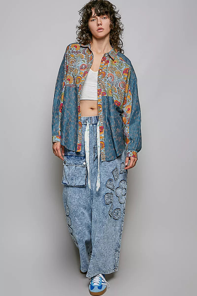 Patchwork Mixed Textured Paisley Floral Stripe Long Sleeve Shirt-4