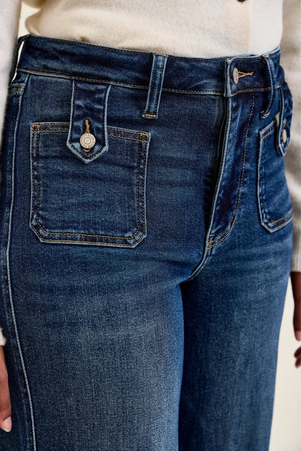 Judy Blue High Waist "lux" Retro Wide Jeans with Front Patch Tab Closure Dk Fade Indigo-4