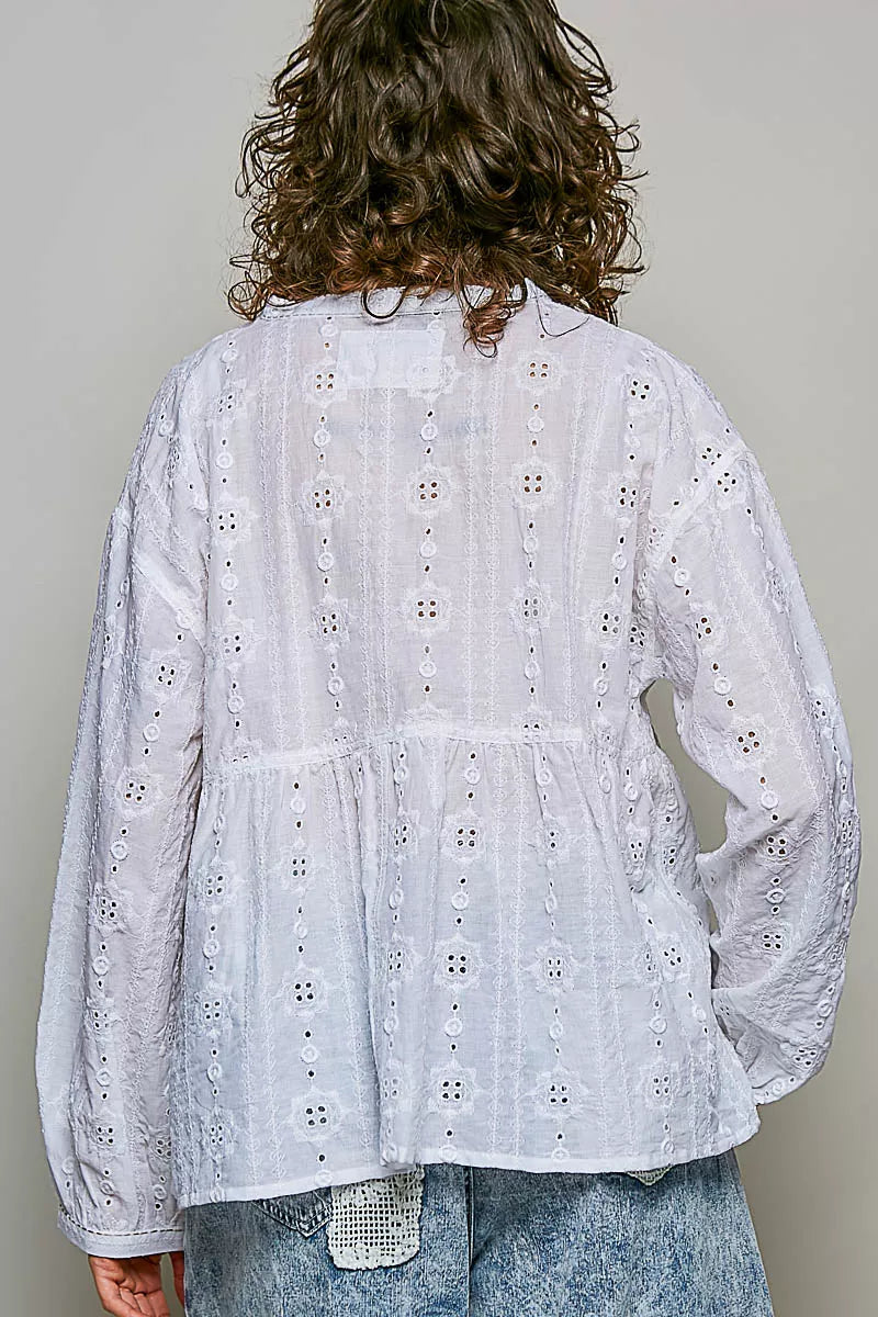 Lace Eyelet Long Sleeve Cotton Blouse-2
