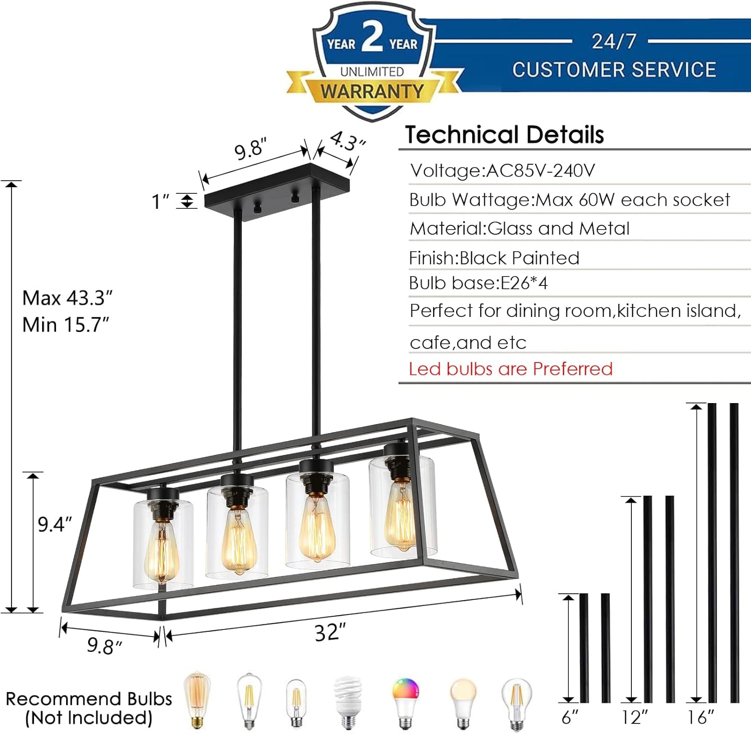 Black Farmhouse Linear Chandelier 4 Light For Dining Room-4