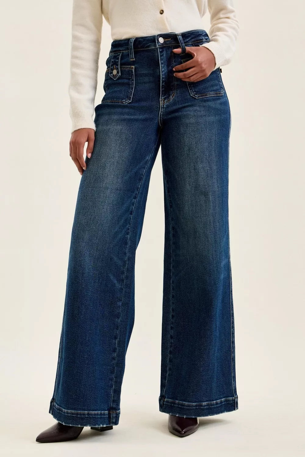 Judy Blue High Waist "lux" Retro Wide Jeans with Front Patch Tab Closure Dk Fade Indigo-0