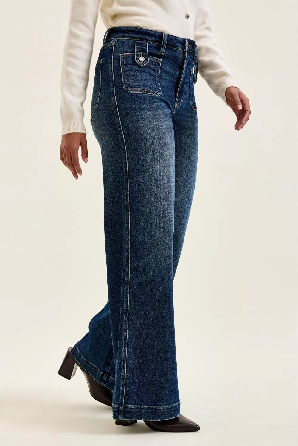 Judy Blue High Waist "lux" Retro Wide Jeans with Front Patch Tab Closure Dk Fade Indigo-1