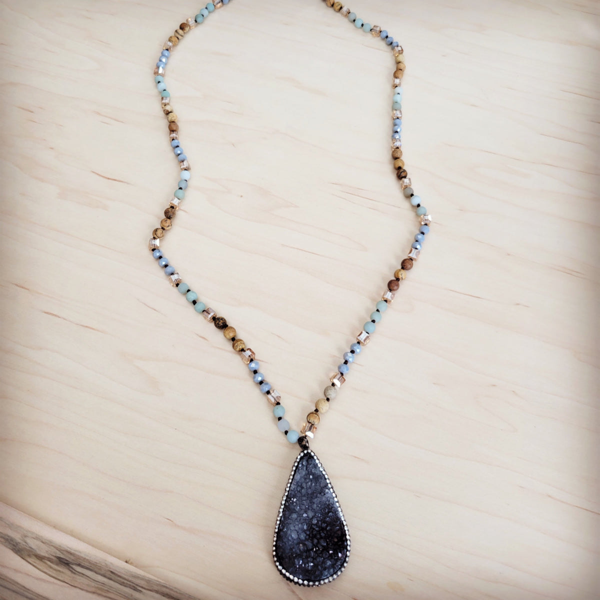 Amazonite & Crystal Long Beaded Necklace w/ Druzy Pendant-2