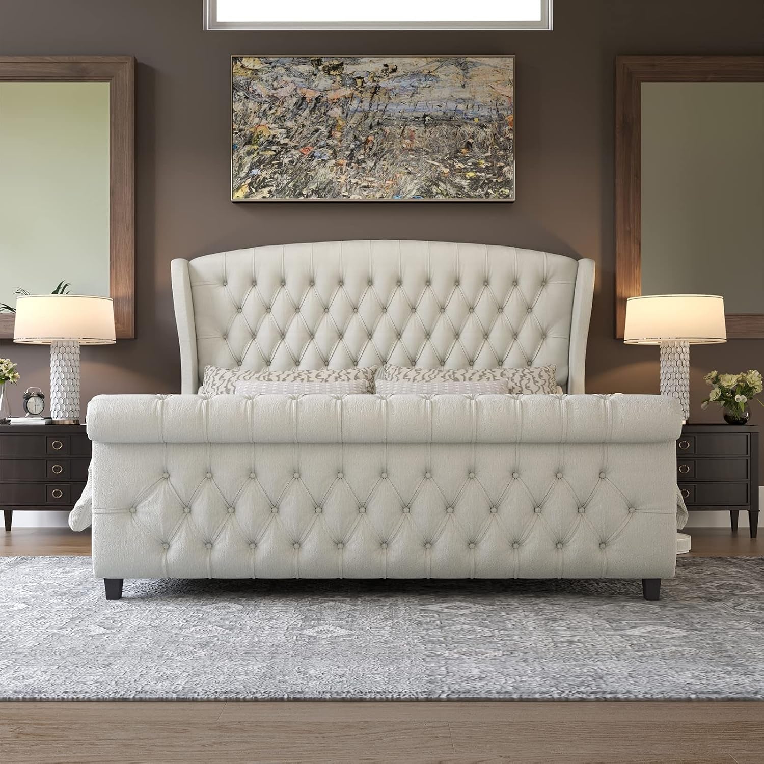 King Size Platform Bed Frame, Chenille Upholstered Sleigh Bed with Scroll Wingback Headboard & Footboard/Button Tufted/No Box Spring Required/Cream-2