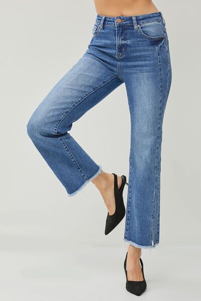 RISEN Dark Wash High Waist Raw Hem Straight Jeans