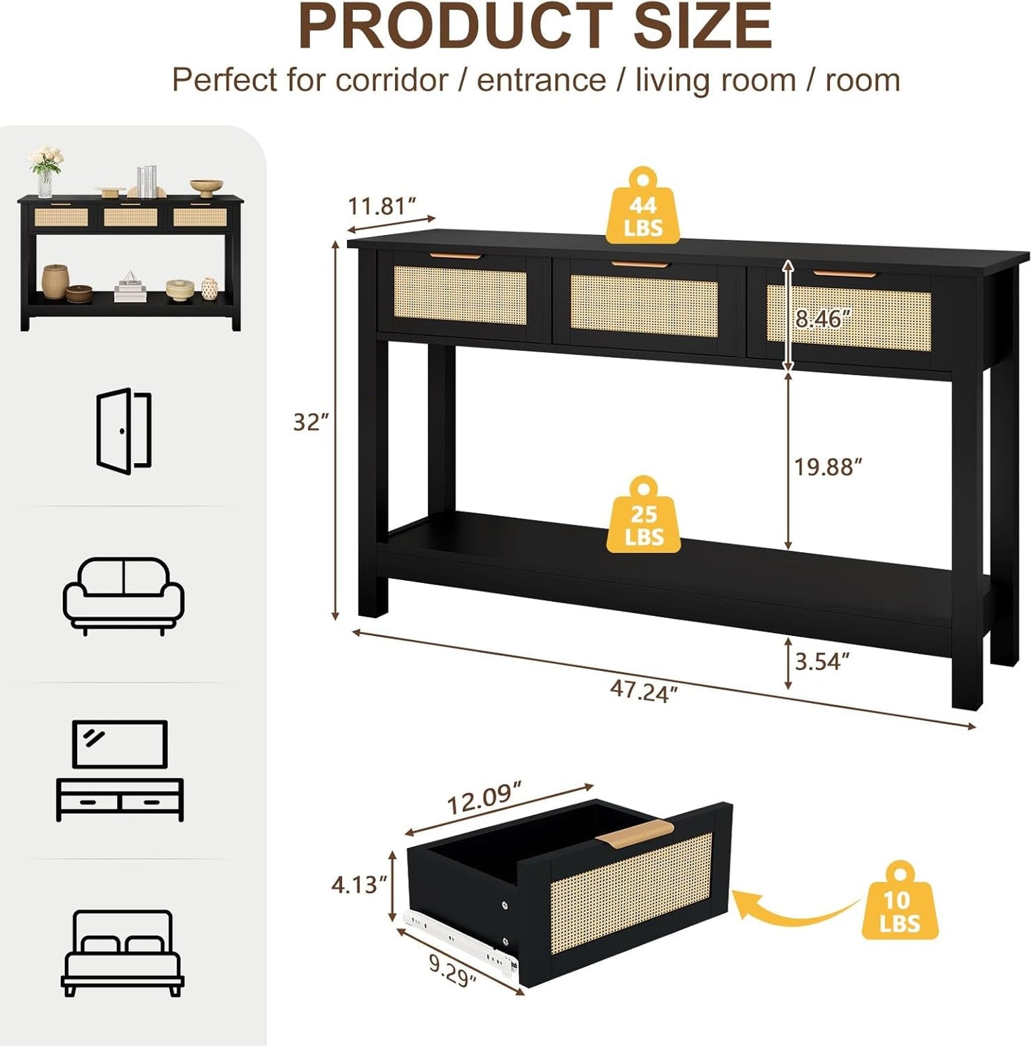 Black 47 Inch Entryway Console Table Storage Drawers-2
