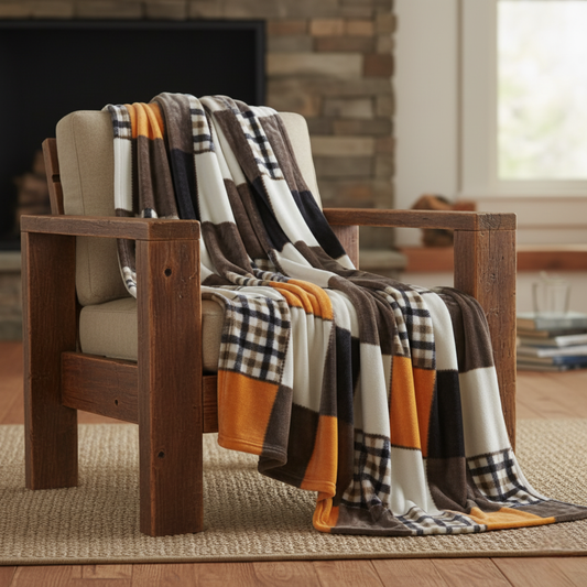 Tache Fall Orange Farmhouse Super Soft Micro Fleece Plaid Patchwork Plush Lightweight Bed Throw Blanket (4021)-1
