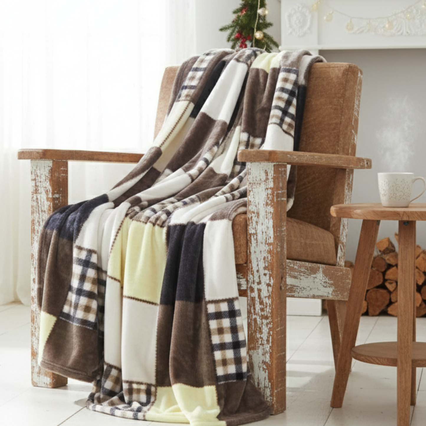 Tache Buttermilk Fall Yellow Brown Farmhouse Super Soft Plaid Patchwork Throw Blanket (4026)-0