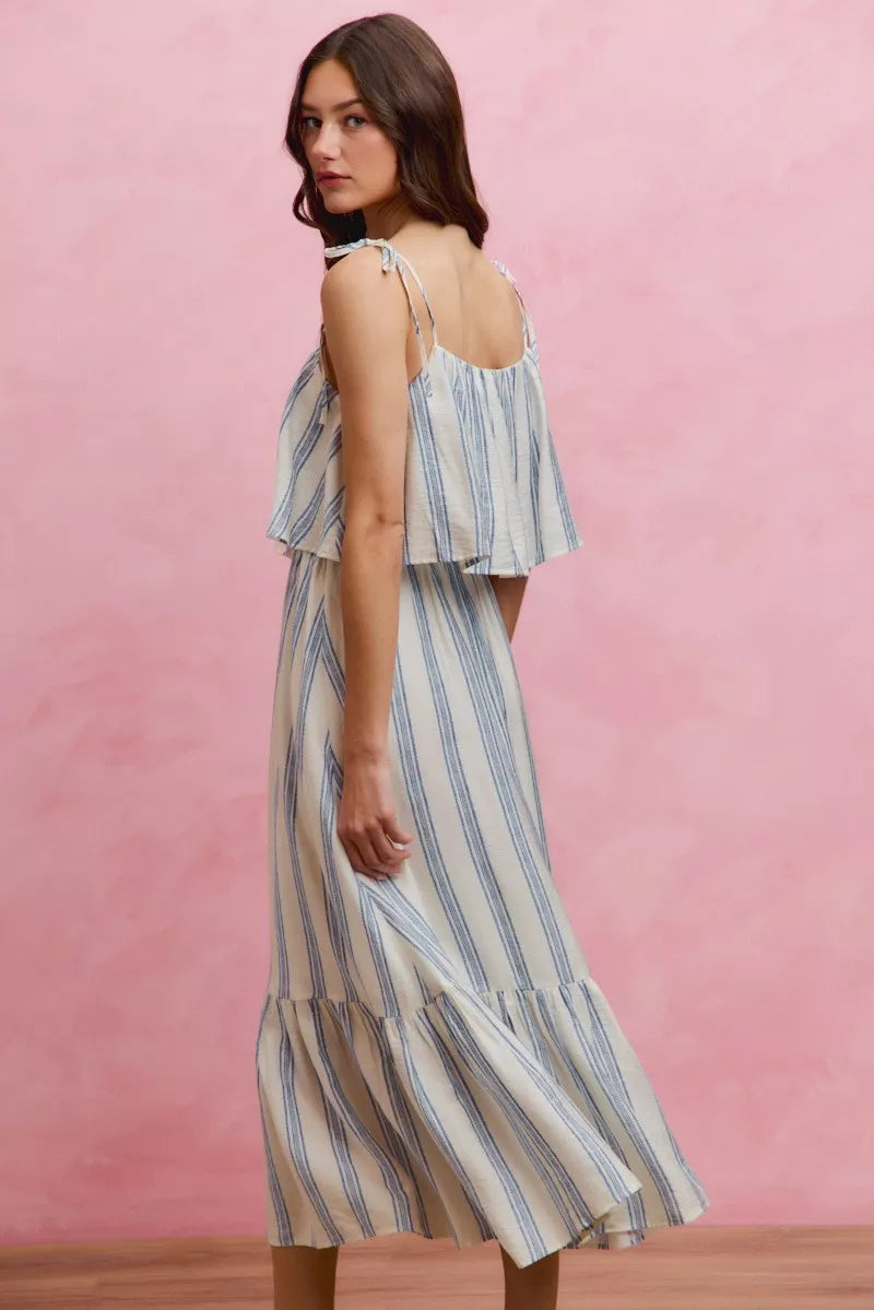 Stripe Tiered Shoulder Tie Midi Lined Dress-1