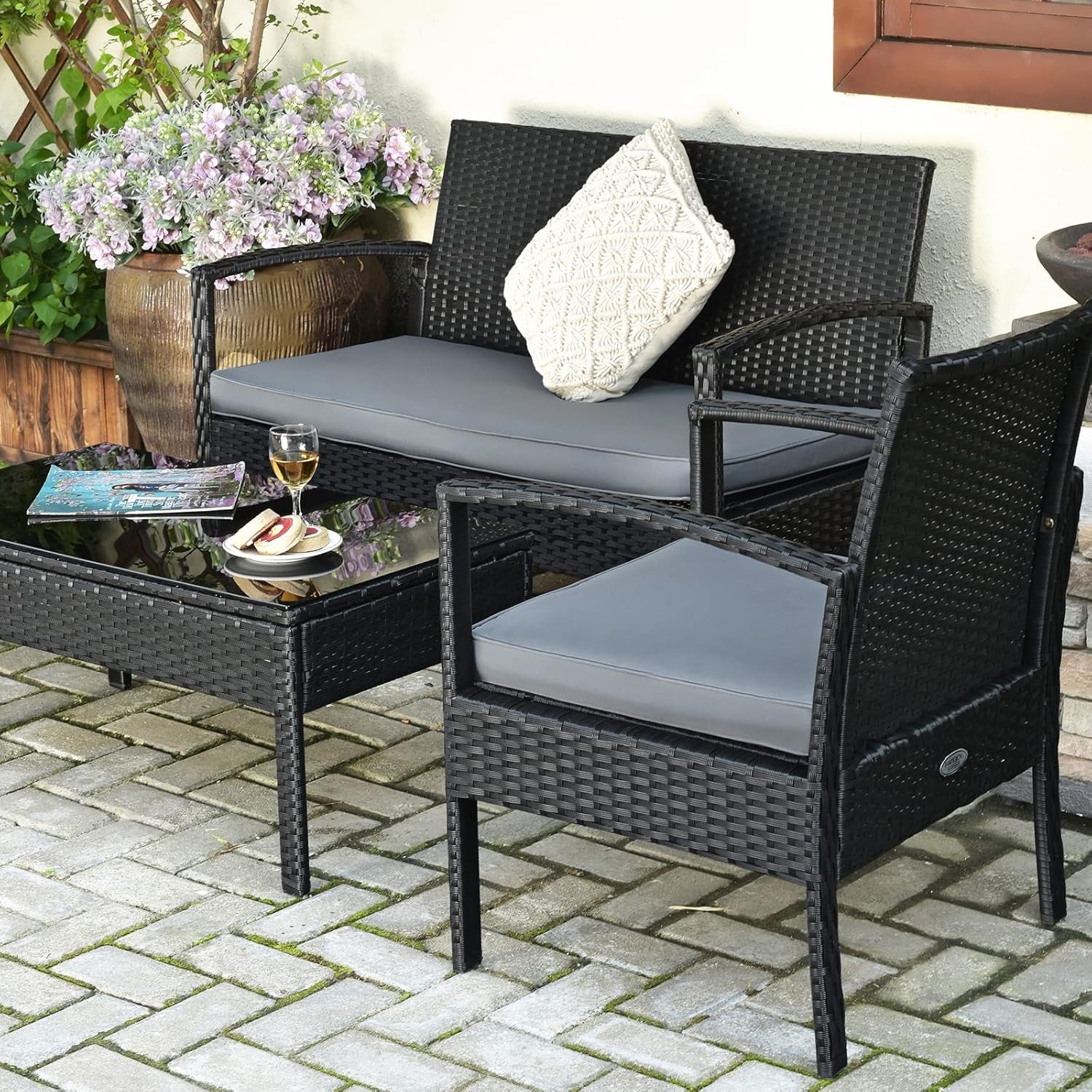 4 Piece Patio Rattan Furniture Set With Glass Coffee Table-4