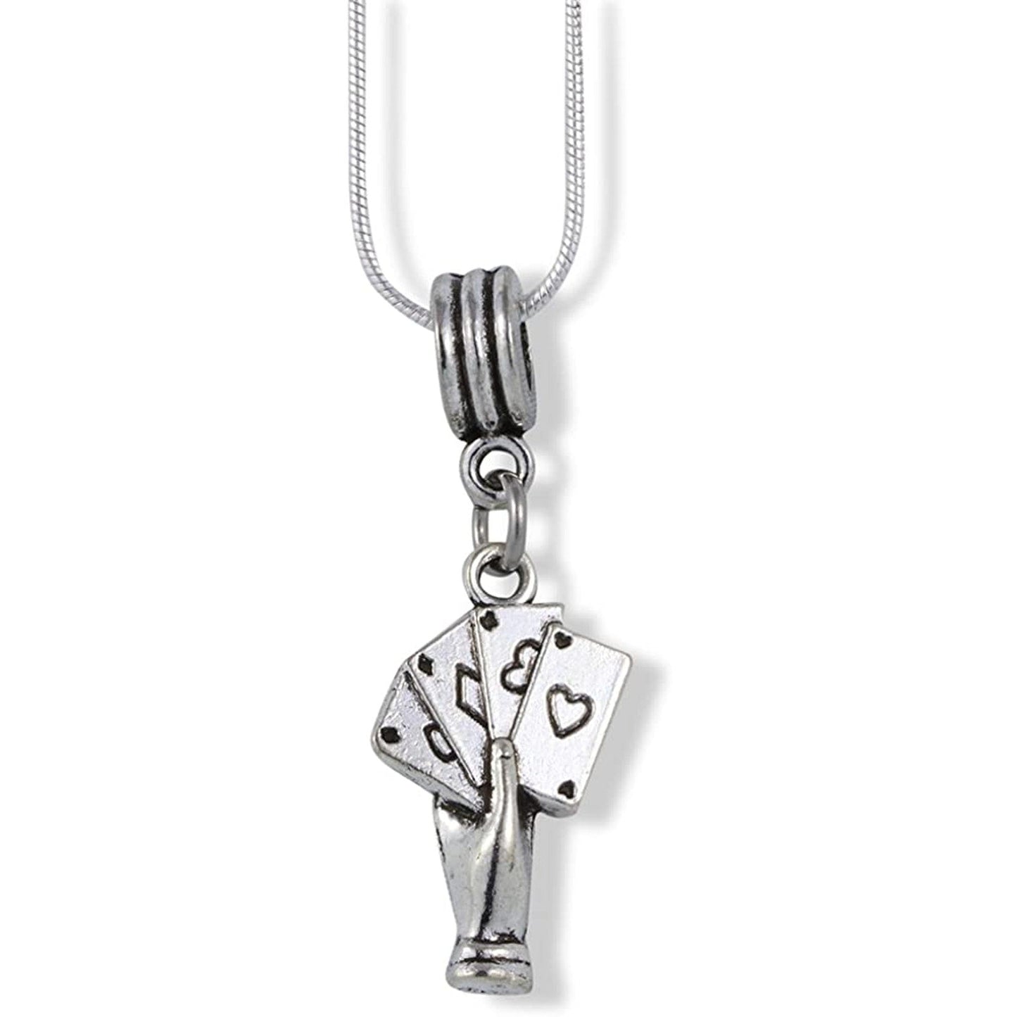 Hand with 4 Four Playing Cards Charm Snake Chain Necklace-0