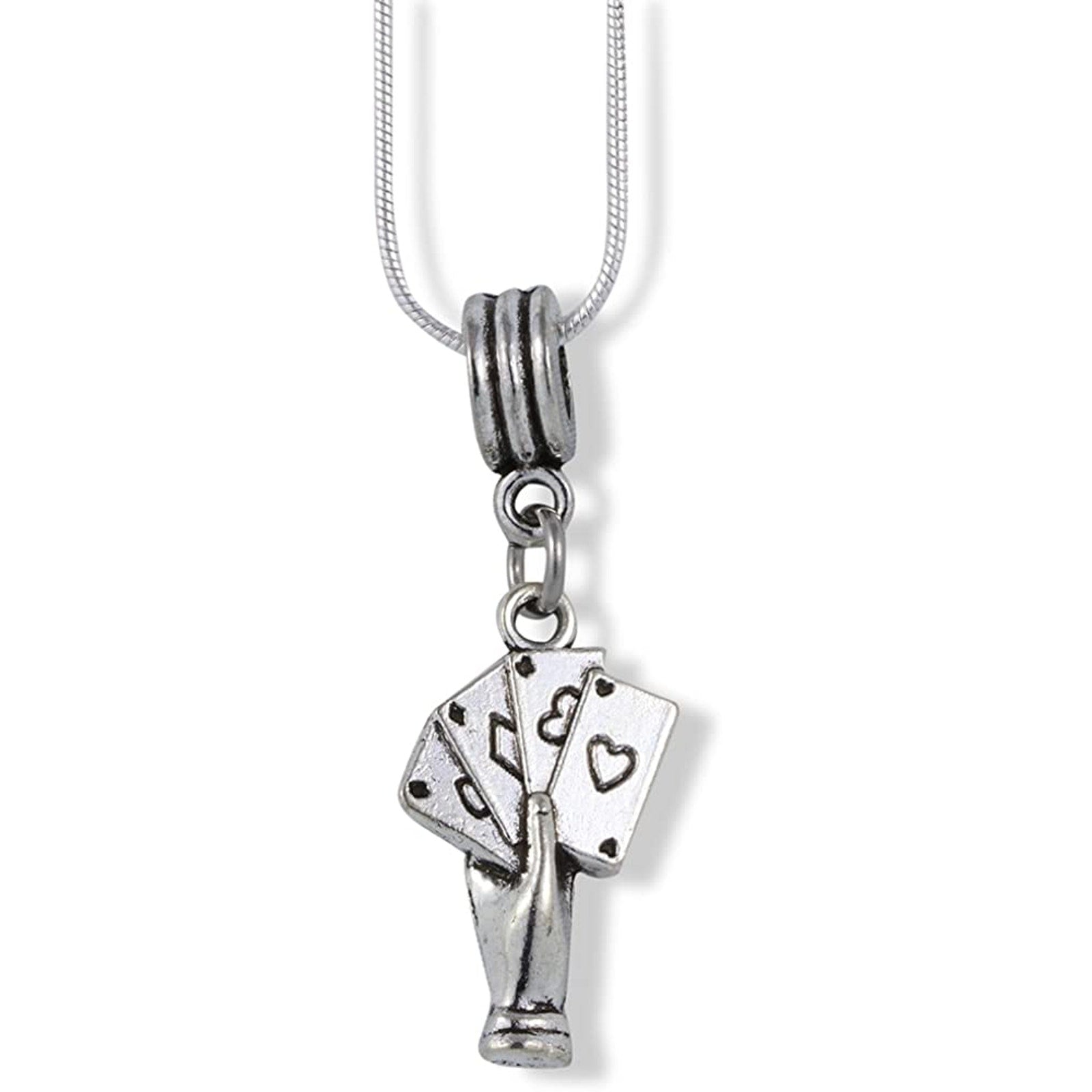 Hand with 4 Four Playing Cards Charm Snake Chain Necklace-0