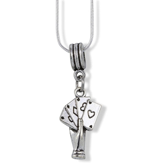 Hand with 4 Four Playing Cards Charm Snake Chain Necklace-0