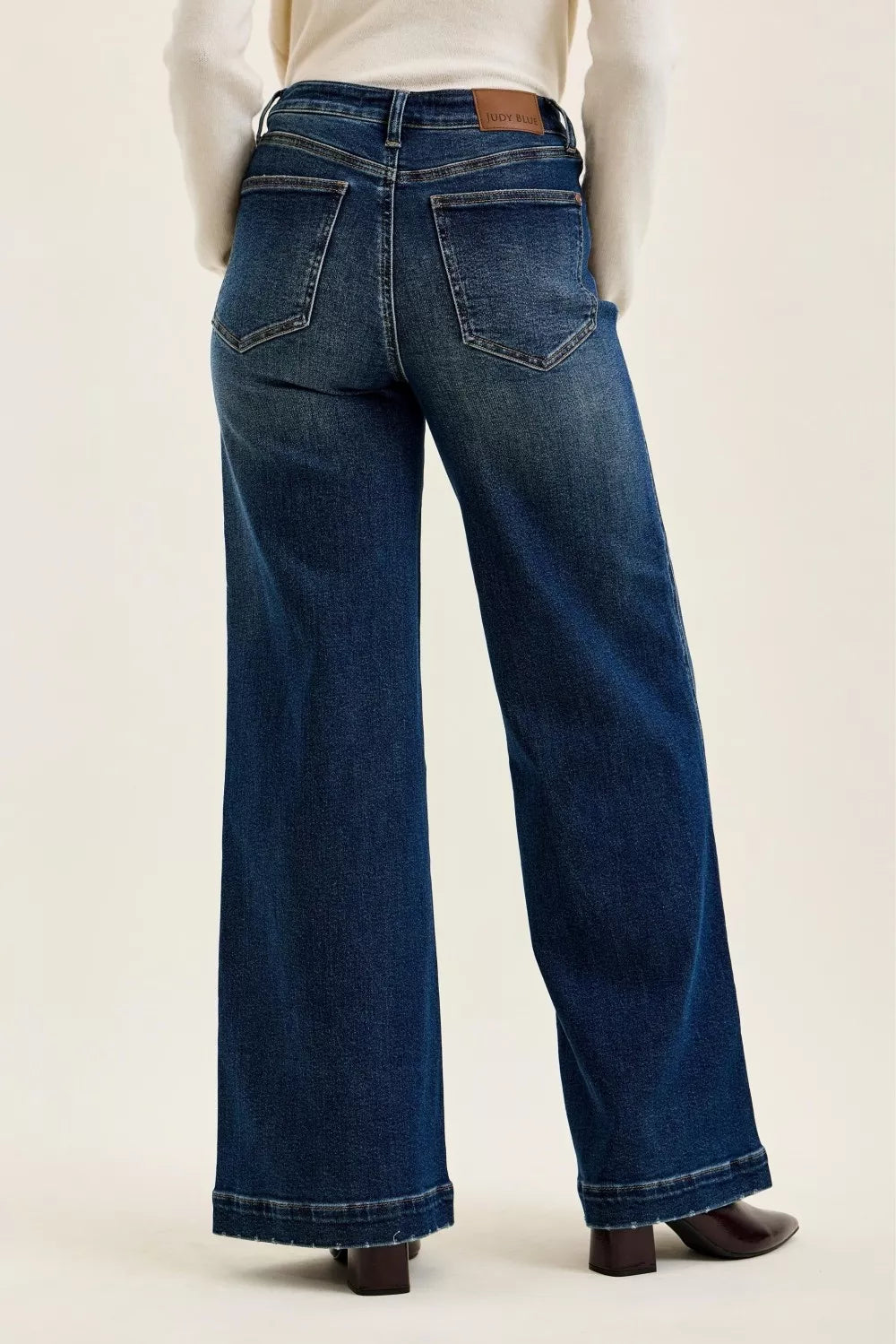 Judy Blue High Waist "lux" Retro Wide Jeans with Front Patch Tab Closure Dk Fade Indigo-3