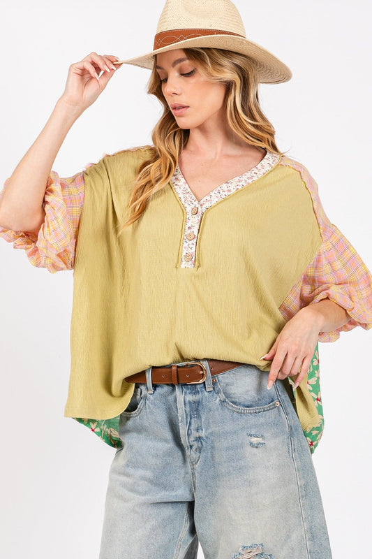 Sage Color Block Bubble Sleeve Top | Extended Sizes