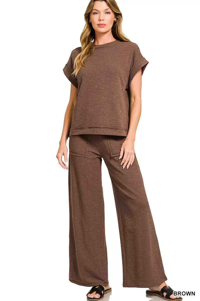 Brown Casual Cotton Slub Short Sleeve Matching Set