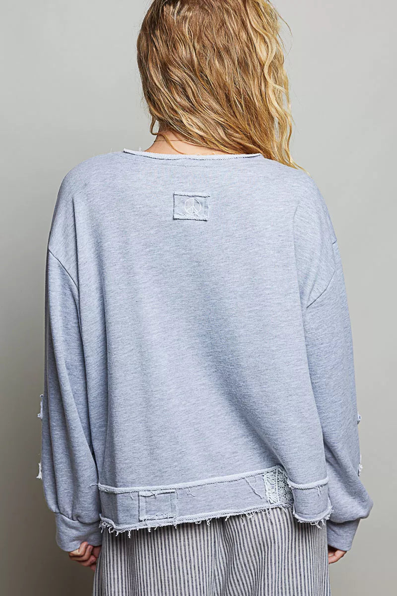 POL Exposed Outseam Crochet Patch V-Neck Sweatshirt with Open Wrap-Style Design-3