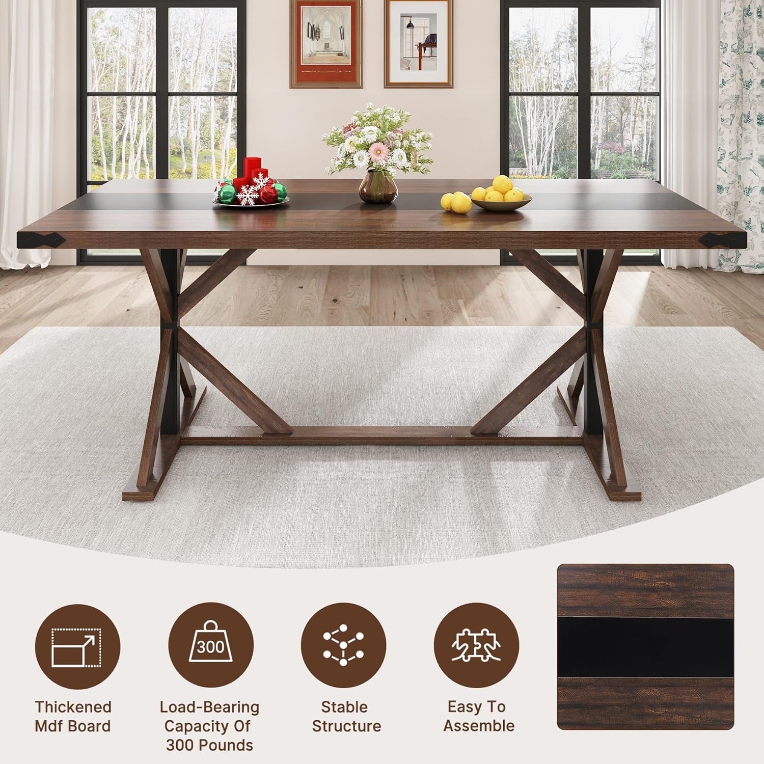 71 Inch Farmhouse Dining Table Waterproof Wood Grain Top-3