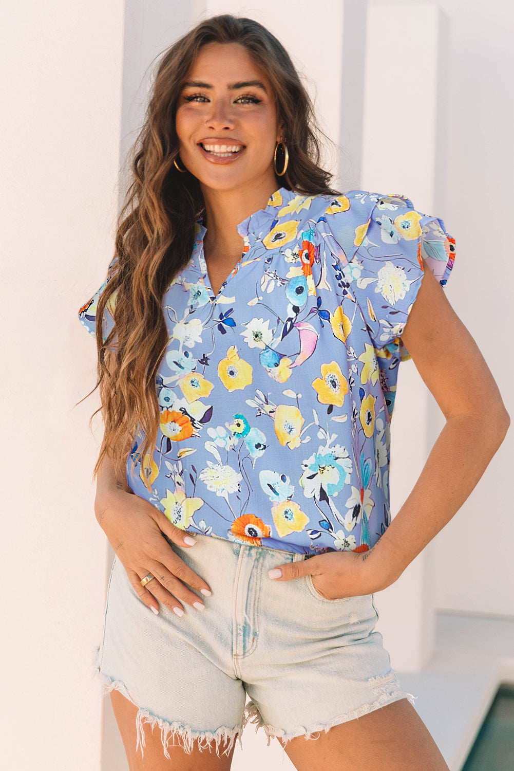 Aadhya Flutter Sleeve V Neck Floral Top-3