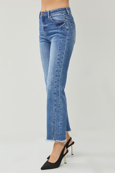 RISEN Dark Wash High Waist Raw Hem Straight Jeans