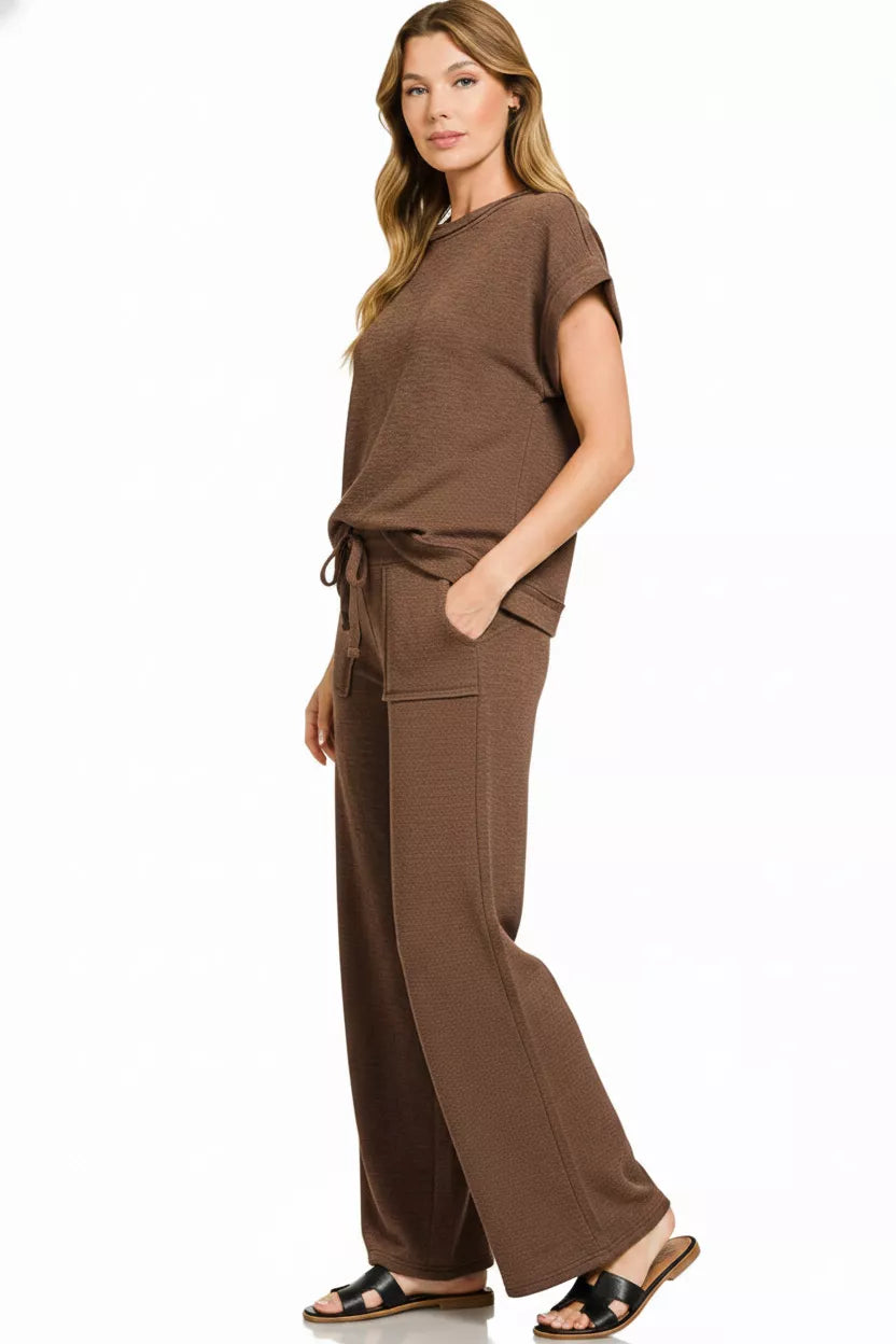 Brown Casual Cotton Slub Short Sleeve Matching Set