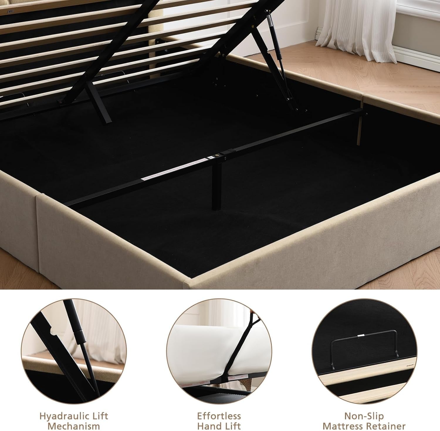 Queen Size Hydraulic Lift Storage Bed Beige Linen Upholstered-3